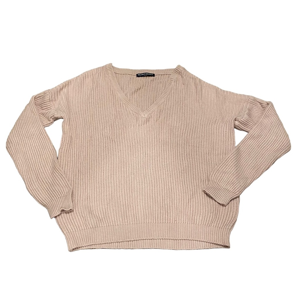 Brandy Melville Cream V-Neck Ribbed Knit Pullover Sweater